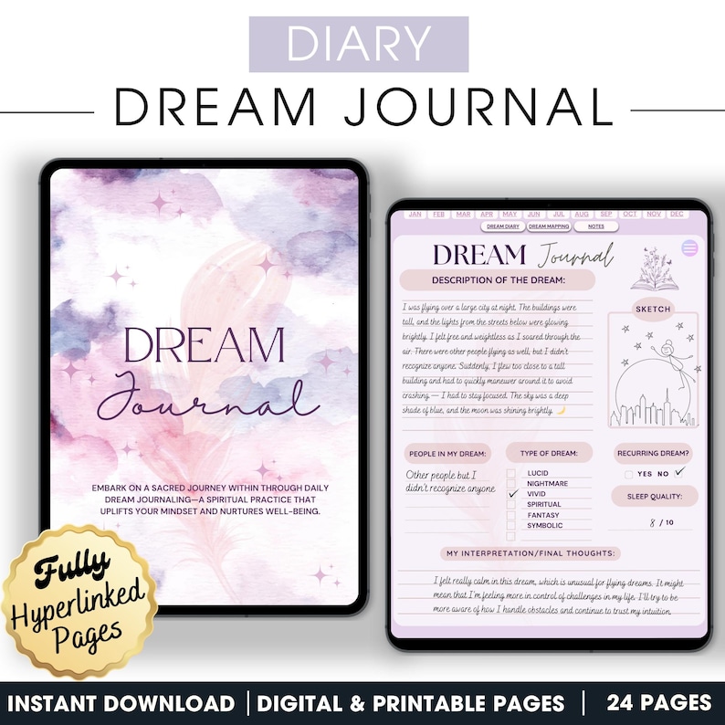 May include: A digital printable dream journal with a watercolor background. The journal includes sections for describing the dream, people in the dream, type of dream, recurring dream, sleep quality, and interpretation. The text "DREAM Journal" is in a large font at the top of the page.