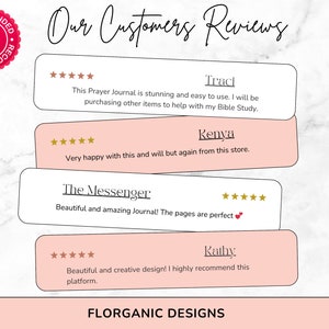 May include: A collage of customer reviews for a prayer journal. The reviews are positive and highlight the journal's quality, design, and ease of use. The text includes the names of the reviewers and their comments. The image also includes a star rating system and a logo for the company, "FLORGANIC DESIGNS."