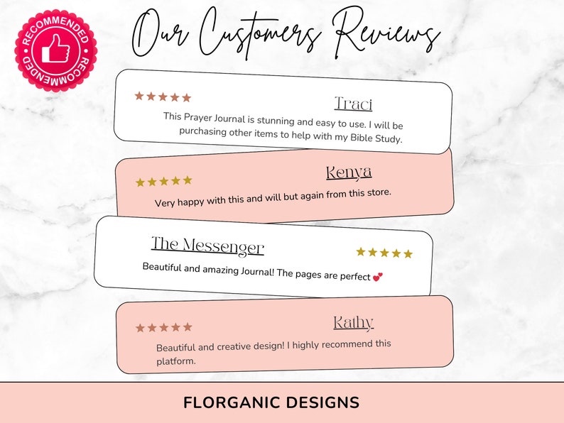 May include: A collage of customer reviews for a prayer journal. The reviews are positive and highlight the journal's quality, design, and ease of use. The text includes the names of the reviewers and their comments. The image also includes a star rating system and a logo for the company, "FLORGANIC DESIGNS."