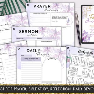 K&ouml;nnte beinhalten: Ein Satz druckbarer Journal-Seiten mit einem floralen Design. Die Seiten beinhalten Abschnitte f&uuml;r t&auml;gliche Andacht, Schriftstudien, Predigtnotizen, t&auml;gliches Gebet und eine "B&uuml;cher der Bibel"-Aktivit&auml;t. Der Text "PERFEKT F&Uuml;R GEBET, BIBELSTUDIUM, REFLEKTION, T&Auml;GLICHE ANDACHT" befindet sich am unteren Rand der Seite.
