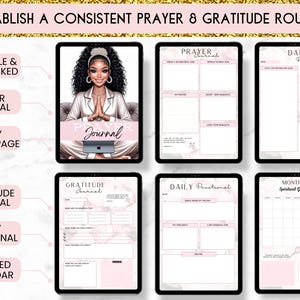 May include: A digital planner with a pink and white marble background. The planner includes pages for daily prayer, gratitude journaling, a daily devotional, and a monthly spiritual growth calendar. The cover features a digital illustration of a woman meditating.