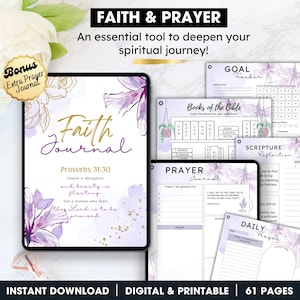 Può includere: Un diario di fede e preghiera digitale stampabile con un design floreale ad acquerello. Il diario include sezioni per il monitoraggio degli obiettivi, la riflessione sulle Scritture, la preghiera quotidiana e un diario di preghiera. La copertina presenta il testo "Faith Journal" e una citazione da Proverbi 31:30.