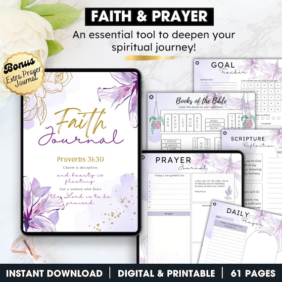 60+ Prayer Pages Journal, Hyperlinked Digital and Printable, Bible Study, Christian worksheets, Scripture journal, Christian Devotion
