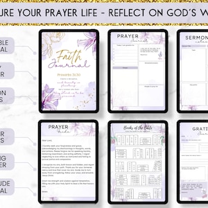 K&ouml;nnte beinhalten: Ein Satz druckbarer und digitaler Glaubensjournal-Seiten mit einem violetten Blumendesign. Die Seiten enthalten Abschnitte f&uuml;r t&auml;gliches Gebet, Predigtnotizen, Gebetsanleitungen, Lesetracker, Dankbarkeitsjournal und einen Bibelbuch-Tracker.