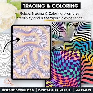 Könnte beinhalten: Ein digitaler Download von 44 druckbaren Seiten mit Mal- und Nachzeichnungsvorlagen. Die Muster sind bunt und abstrakt und zeigen geometrische Formen und Linien. Der Text "TRACING & COLORING" befindet sich oben im Bild. Der Text "Relax...Tracing & Coloring promotes creativity and a therapeutic experience" befindet sich unter dem Titel. Der Text "INSTANT DOWNLOAD | DIGITAL & PRINTABLE | 44 PAGES" befindet sich unten im Bild.