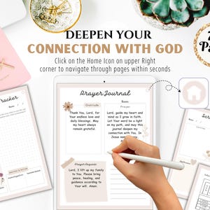 Könnte beinhalten: Ein digitales Tablet zeigt ein Gebetsjournal mit Abschnitten für Dankbarkeit, Gebetsanliegen und Schriftstudien. Das Journal hat einen hellrosa Hintergrund mit floralen Akzenten. Der Text auf dem Bildschirm lautet "Gebetsjournal", "Dankbarkeit", "Gebet" und "Gebetsanliegen".