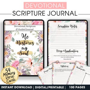Schönes Gebetsjournal, er stellt meine Seele wieder her, Bibelarbeit, druckbares Schriftjournal, täglicher Glaube, digitales Bibelstudien, Bibelverskarten
