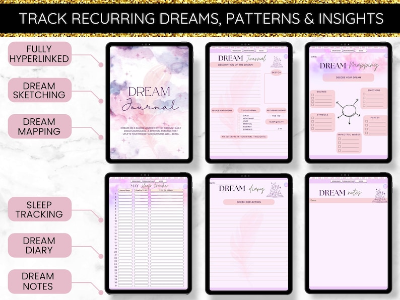 May include: A digital planner with a pink and purple watercolor background. The planner is designed to help track recurring dreams, patterns, and insights. It includes sections for dream journaling, dream mapping, sleep tracking, dream diary, and dream notes.