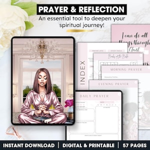 May include: A digital printable prayer journal with a pink and white colour scheme. The cover features an illustration of a woman in a pink robe praying. The journal includes sections for daily prayer, morning prayer, evening prayer, and a prayer list. The text "I can do all things through Christ" is featured on the cover.