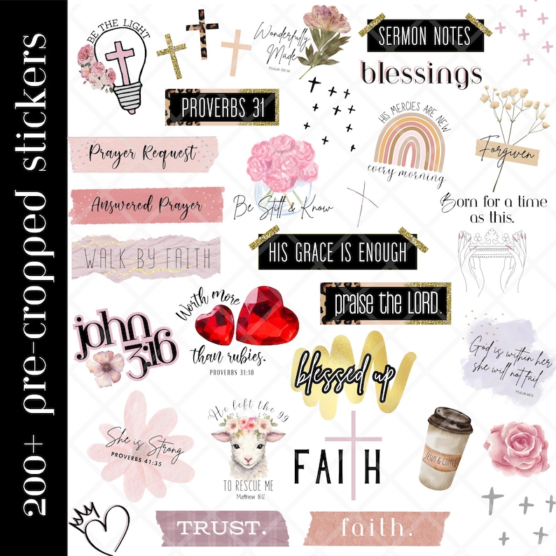 May include: A selection of 200+ pre-cropped stickers featuring religious imagery. Designs include crosses, floral motifs, and inspirational quotes such as "Faith," "Blessed Up," and "His Grace Is Enough." The stickers are in diverse colors and styles.