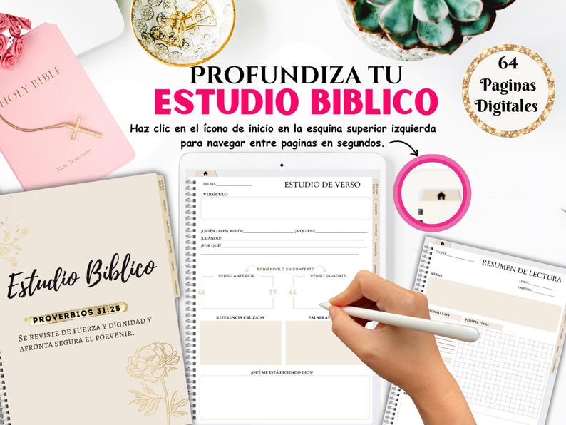 Peut inclure: Un journal beige et or avec le texte "Estudio Biblico" et "Proverbios 31:25" sur la couverture. Le journal a un motif floral dor&eacute; et une reliure spirale. Le texte "Se reviste de fuerza y dignidad y afronta segura el porvenir." est &eacute;galement sur la couverture. Une tablette num&eacute;rique avec le texte "Estudio de Verso" est ouverte sur une page avec un mod&egrave;le vierge pour &eacute;tudier un verset biblique. La tablette est sur une surface blanche. Le texte "PROFUNDIZA TU ESTUDIO BIBLICO" est en haut de l'image. Le texte "Haz clic en el icono de inicio en la esquina superior izquierda para navegar entre paginas en segundos." est sous le titre. Le texte "64 Paginas Digitales" est dans un cercle dor&eacute; dans le coin sup&eacute;rieur droit de l'image.