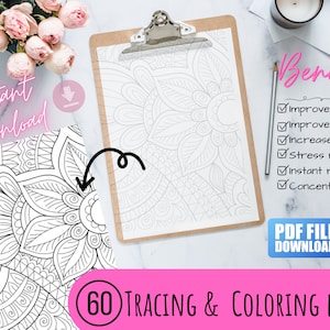 60 Unique Printable pages, Adult tracing, Mindful Coloring pages, Traceable Kids coloring, Art therapy, Mandalas