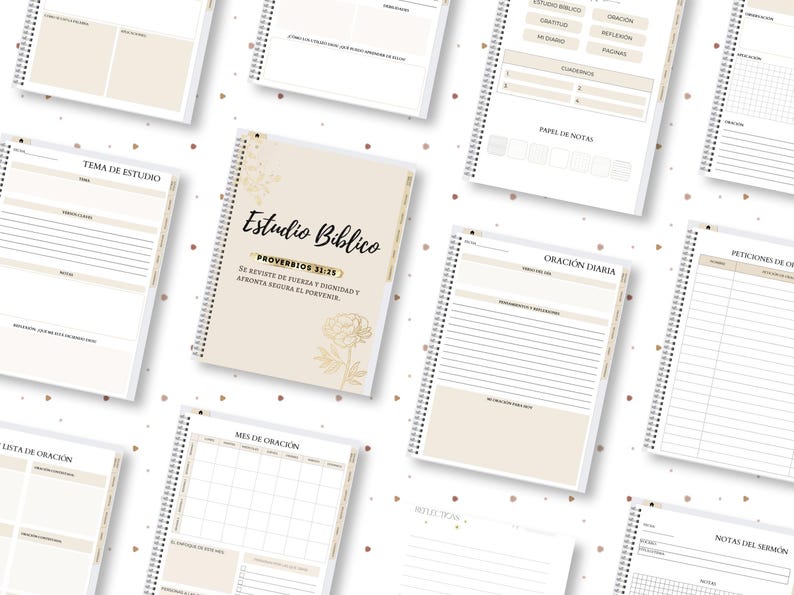 Peut inclure: Un ensemble de pages de planificateur imprimables avec un fond beige et des accents dor&eacute;s. Les pages comprennent des sections pour la pri&egrave;re quotidienne, l'&eacute;tude biblique et les listes de pri&egrave;re mensuelles. Les pages sont con&ccedil;ues pour aider les gens &agrave; organiser leur vie spirituelle.