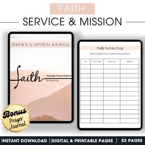 Op de afbeelding: Een digitaal printbaar dagboek met een roze en oranje berglandschap als achtergrond. Het dagboek heeft de titel "Faith Service & Mission Journal" en bevat de quote "Faith moves mountains Matthew 17:20". Een bonus gebedsdagboek is ook inbegrepen.