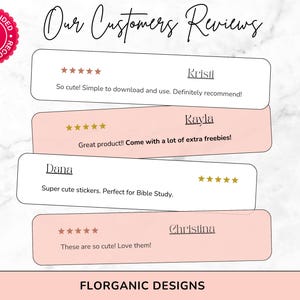 May include: Image showing customer reviews with star ratings and testimonials. The reviews are in text bubbles with names like Kristi, Kayla, Dana, and Christina. The text includes phrases like "So cute!" and "Great product!!" A red "Recommended" badge is in the upper left.