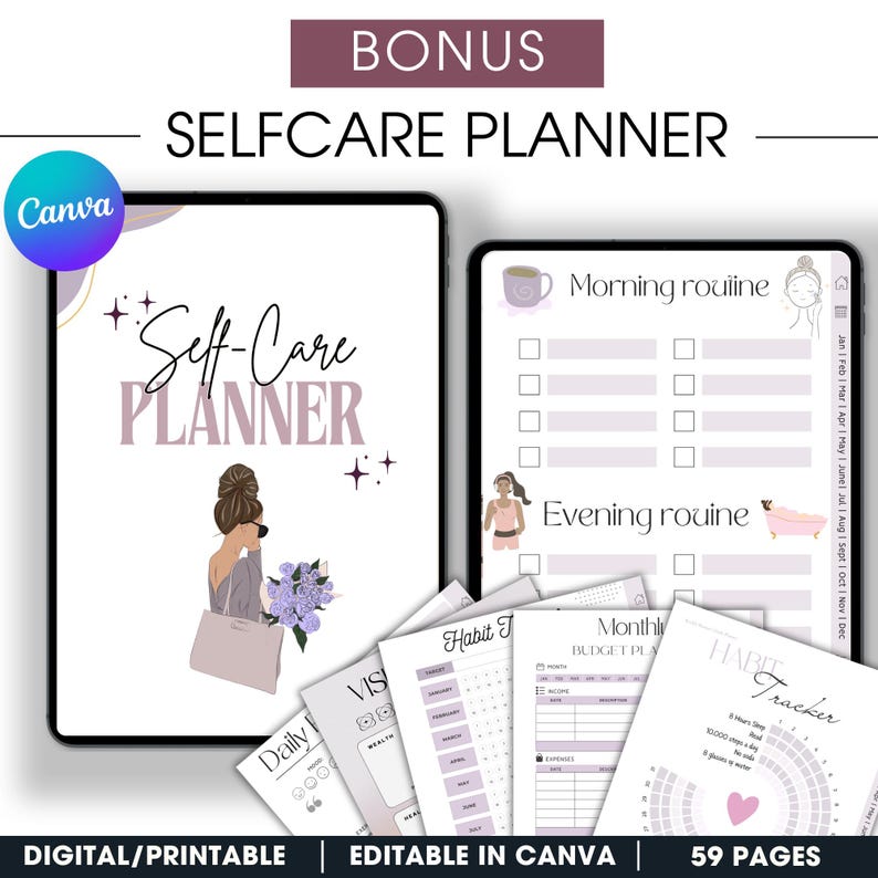 May include: A digital self-care planner with 59 pages, featuring a purple and white color scheme. The planner includes sections for daily, weekly, and monthly planning, as well as habit tracking and budget planning. The cover features a woman with a flower bouquet and the text "Self-Care Planner".