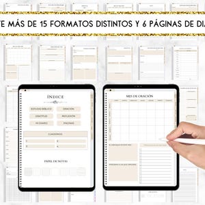Peut inclure: Un planificateur num&eacute;rique avec un fond blanc et des accents dor&eacute;s. Le planificateur comprend 15 formats diff&eacute;rents et 6 pages pour la tenue d'un journal quotidien. Le planificateur a une table des mati&egrave;res avec des sections pour l'&eacute;tude de la Bible, la gratitude, la pri&egrave;re, la r&eacute;flexion, et plus encore.