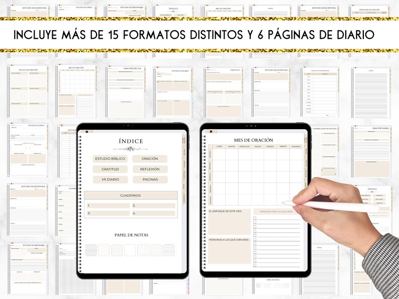 Peut inclure: Un planificateur num&eacute;rique avec un fond blanc et des accents dor&eacute;s. Le planificateur comprend 15 formats diff&eacute;rents et 6 pages pour la tenue d'un journal quotidien. Le planificateur a une table des mati&egrave;res avec des sections pour l'&eacute;tude de la Bible, la gratitude, la pri&egrave;re, la r&eacute;flexion, et plus encore.