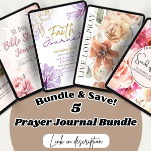 K&ouml;nnte beinhalten: Ein B&uuml;ndel aus f&uuml;nf digitalen Gebetsjournalen mit floralen Designs. Die Journale sind betitelt mit "30-Day Bible Study Journal", "Faith Journal", "Live. Love. Pray", "Soul Nourishment" und "Seeds of Faith: A Journal of Faith, Reflection & Renewal".