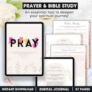 Op de afbeelding: Een digitaal dagboek met het woord 'PRAY' in grote letters, bloemaccenten en tekst uit Psalm 91:1. Het dagboek bevat pagina's voor Bijbelstudie, een index en een gebedsdagboek. De woorden 'INSTANT DOWNLOAD' en 'DIGITAAL DAGBOEK' zijn ook zichtbaar.