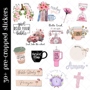 Peut inclure: Ensemble de 30+ autocollants pré-découpés sur le thème religieux. Les motifs incluent des arrangements floraux, des tasses à café, un camion vintage, un téléphone et des citations inspirantes comme "But first, Pray".