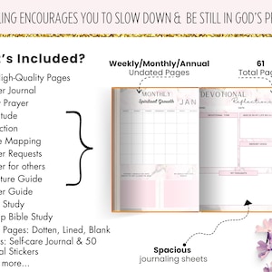 May include: A pink and white marble-patterned journal with 61 pages. The journal includes weekly, monthly, and annual undated pages, as well as devotional reflections, prayer requests, scripture guides, and more. The journal is designed to encourage slowing down and being still in God's presence.