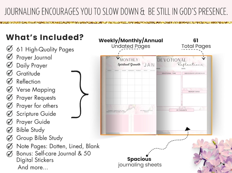 May include: A pink and white marble-patterned journal with 61 pages. The journal includes weekly, monthly, and annual undated pages, as well as devotional reflections, prayer requests, scripture guides, and more. The journal is designed to encourage slowing down and being still in God's presence.