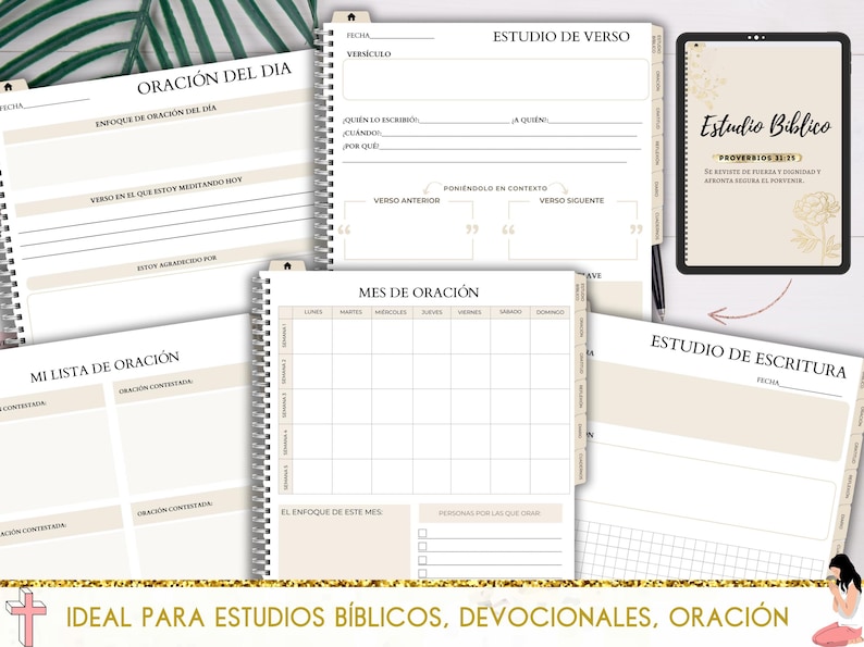 Peut inclure: Un ensemble de pages de planificateur imprimables pour l'&eacute;tude de la Bible, la tenue d'un journal et la pri&egrave;re. Les pages pr&eacute;sentent un fond beige avec du texte noir et des lignes pour &eacute;crire. Les pages sont con&ccedil;ues pour aider les gens &agrave; organiser leurs pens&eacute;es et leurs pri&egrave;res.