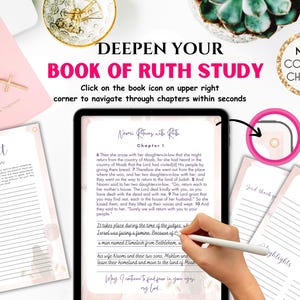 May include: A digital tablet displaying a Bible study guide for the Book of Ruth. The screen shows the text of the first chapter of the book, with a pink floral background. The text "Deepen Your Book of Ruth Study" is displayed at the top of the image.  The tablet is being used with a stylus.