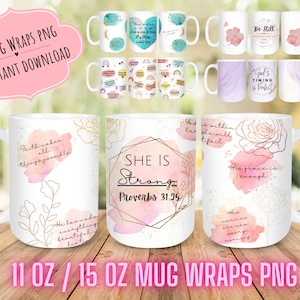 5 Beautiful Mug Wrap Bundle, She Is Strong, Esther verse, Religious mug design, 11oz 15oz Mug Wrap, Faith affirmation, mug sublimation