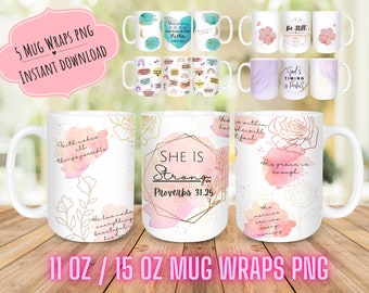 5 Schöne Mug Wrap Bundle, Sie ist stark, Esther Vers, religiöses Becherdesign, 11 Unze 15 Unze Becherverpackung, Glaubensaffirmation, Bechersublimation