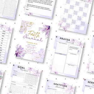 K&ouml;nnte beinhalten: Ein Satz druckbarer Glaubensjournal-Seiten mit floralen Designs. Die Seiten beinhalten Abschnitte f&uuml;r Gebet, Dankbarkeit, Zielverfolgung, Predigtnotizen und ein Glaubensjournal mit dem Zitat "Anmut ist tr&uuml;gerisch, und Sch&ouml;nheit ist verg&auml;nglich, aber eine Frau, die den Herrn f&uuml;rchtet, ist zu loben." - Sprichw&ouml;rter 31:30