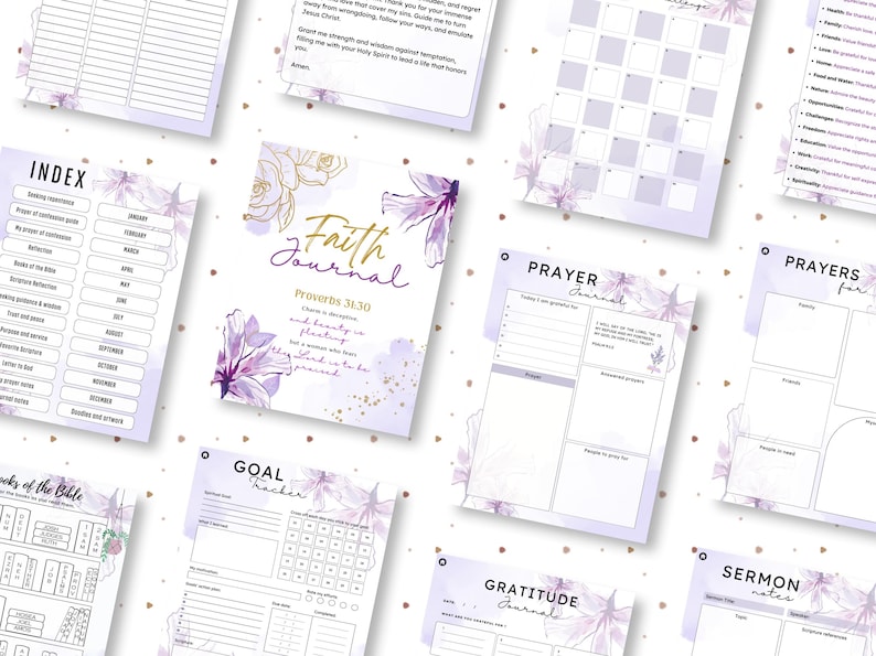 K&ouml;nnte beinhalten: Ein Satz druckbarer Glaubensjournal-Seiten mit floralen Designs. Die Seiten beinhalten Abschnitte f&uuml;r Gebet, Dankbarkeit, Zielverfolgung, Predigtnotizen und ein Glaubensjournal mit dem Zitat "Anmut ist tr&uuml;gerisch, und Sch&ouml;nheit ist verg&auml;nglich, aber eine Frau, die den Herrn f&uuml;rchtet, ist zu loben." - Sprichw&ouml;rter 31:30