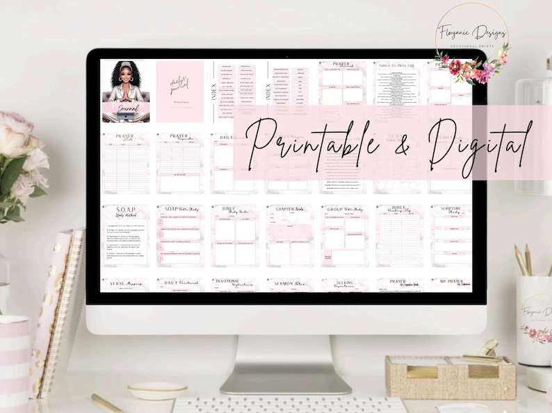 May include: A computer screen displaying a digital planner with pink and white design elements. The planner includes sections for prayer, scripture study, and daily reflection. The text "Printable & Digital" is displayed on the screen.
