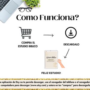 Peut inclure: Un t&eacute;l&eacute;chargement num&eacute;rique d'un guide d'&eacute;tude biblique. L'image montre une ic&ocirc;ne de panier d'achat, une ic&ocirc;ne de t&eacute;l&eacute;chargement et un fichier num&eacute;rique avec le texte "Estudio Biblico" sur la couverture. Le texte "Como Funciona?" est en haut de l'image. Le texte "Feliz Estudio!" est en bas de l'image. Le texte "La aplicaci&oacute;n de Etsy no te permite descargar, usa el navegador del tel&eacute;fono o el navegador de la computadora para descargar (www.etsy.com) y estara en tus "compras" para descargarlo." est en bas de l'image.