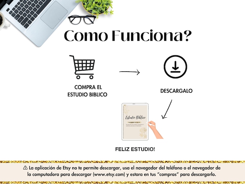 Peut inclure: Un t&eacute;l&eacute;chargement num&eacute;rique d'un guide d'&eacute;tude biblique. L'image montre une ic&ocirc;ne de panier d'achat, une ic&ocirc;ne de t&eacute;l&eacute;chargement et un fichier num&eacute;rique avec le texte "Estudio Biblico" sur la couverture. Le texte "Como Funciona?" est en haut de l'image. Le texte "Feliz Estudio!" est en bas de l'image. Le texte "La aplicaci&oacute;n de Etsy no te permite descargar, usa el navegador del tel&eacute;fono o el navegador de la computadora para descargar (www.etsy.com) y estara en tus "compras" para descargarlo." est en bas de l'image.