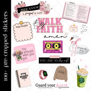 May include: A collection of 100+ pre-cropped stickers with various designs. The stickers feature inspirational quotes, floral elements, a swan, a cassette tape, a smartwatch, a notebook, a sweatshirt, and a matcha drink.