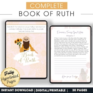 May include: A printable digital book of the Book of Ruth with a pink and yellow floral background. The cover features a woman with brown hair wearing a straw hat and holding sunflowers. The text "Book of Ruth" is written in a white script font.