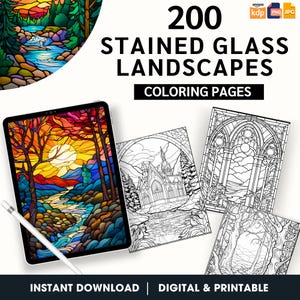 200+ Coloring Landscapes, Stained Glass Coloring Book, Stress Relief, Art Therapy, Printable Coloring Book, Digital Coloring