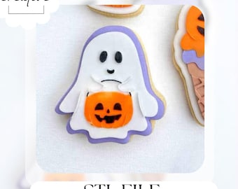 May include: A Halloween-themed cookie in the shape of a ghost holding a jack-o'-lantern. The ghost is white with a purple outline, and the jack-o'-lantern is orange with a black face. The text "STL FILE" is at the bottom.