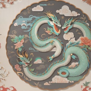 Puede incluir: Un diseño circular con dos dragones verdes y dorados entrelazados con nubes y flores. El texto "龍年" y "Year of the dragon 2024" se muestra en el centro.