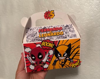 Cajas de regalos para fiestas de Wolverine y Deadpool