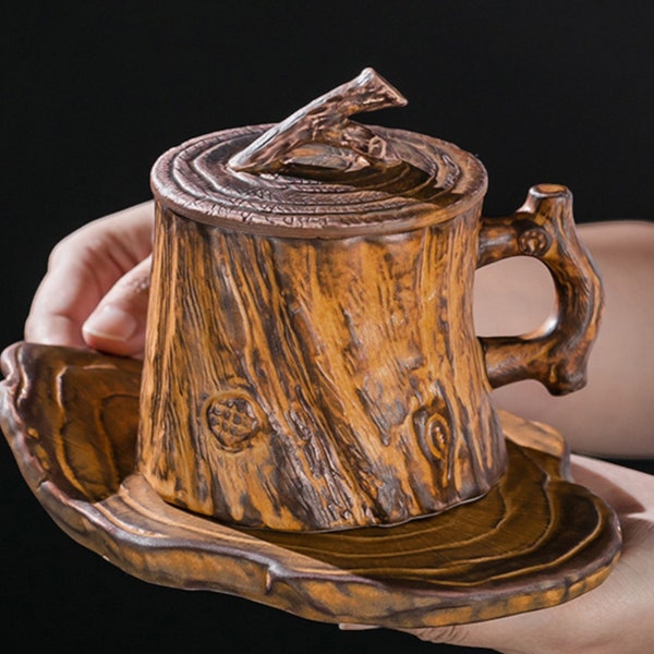 Tasses vintage en bois texturé - Tasse à café en céramique avec souche d'arbre avec poignée et couvercle, idéale pour le petit-déjeuner et cadeau personnalisé pour vos amis