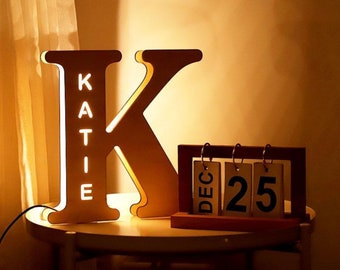 Custom Wooden LED Night Light - Personalized Wall Decor with Engraved Name - Unique 26 Letter Lamp for Couples, Baby Room, and Bedroom