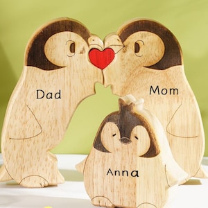 Personalized Penguin Family Wooden Art Puzzle - Custom Desktop Decor - Family Gift