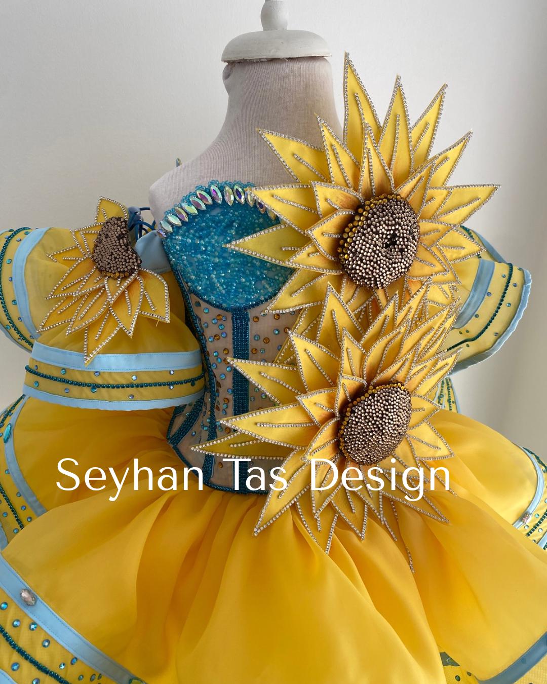 blue and yellow sunflower dress Handmade Luxury Girl Sparkly Party Gown for Birthday or Pageant Color:All Day Black Accessories and shoes are 90's dress style 3D Flowers Single Shoulder