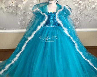 Elsa Princess Dress for Girls with Cape - Frozen Inspired Birthday Party Outfit - Blue Sparkly Tulle Costume with Crown - Winter Theme Dress
