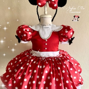 Handmade Minnie Mouse-Inspired Dress for Girls – Custom Red and Black Polka Dot Dress with Bow for Birthdays, Parties, and Special Occasions