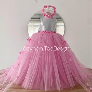 Handmade Pink Tulle Princess Dress: Silver Bow, Floral Headband