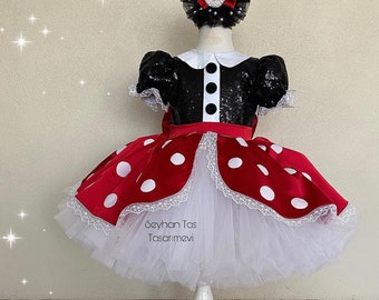 Rode Minnie Mouse jurk, babymeisje jurk, Minnie mouse verjaardag jurk, minnie mouse kostuum, voor speciale gelegenheid, eerste verjaardag jurk, oren